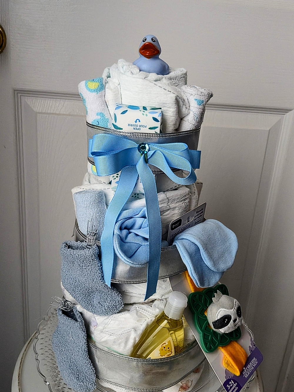 Baby Blue Diaper Cake Tower with Socks & Accessories